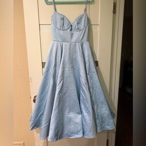 Light Blue Fit-and-Flare Satin Dress with Sweetheart Neckline